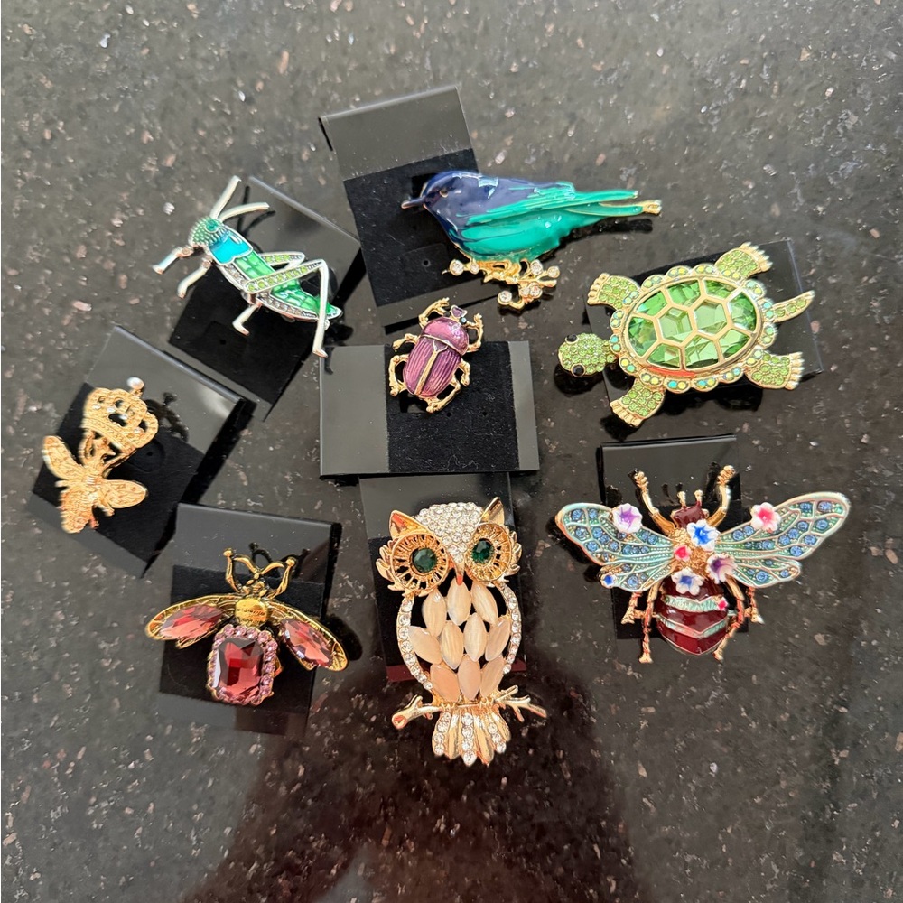 Vintage Style Animal Brooch Pin Lot Enamel Rhinestone Owl Bee Turtle Bird Insect